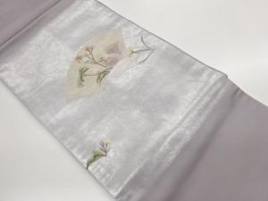 引箔金糸地紙に花葉模様刺繍名古屋帯
